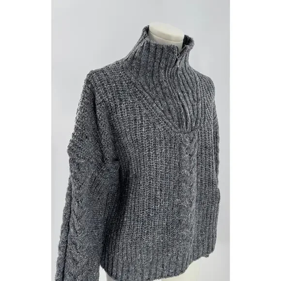 PrAna Womens Gray Cableknit Sweater Wool Blend Mock Neck 1/4 Zip M Cabincore - Picture 2 of 11